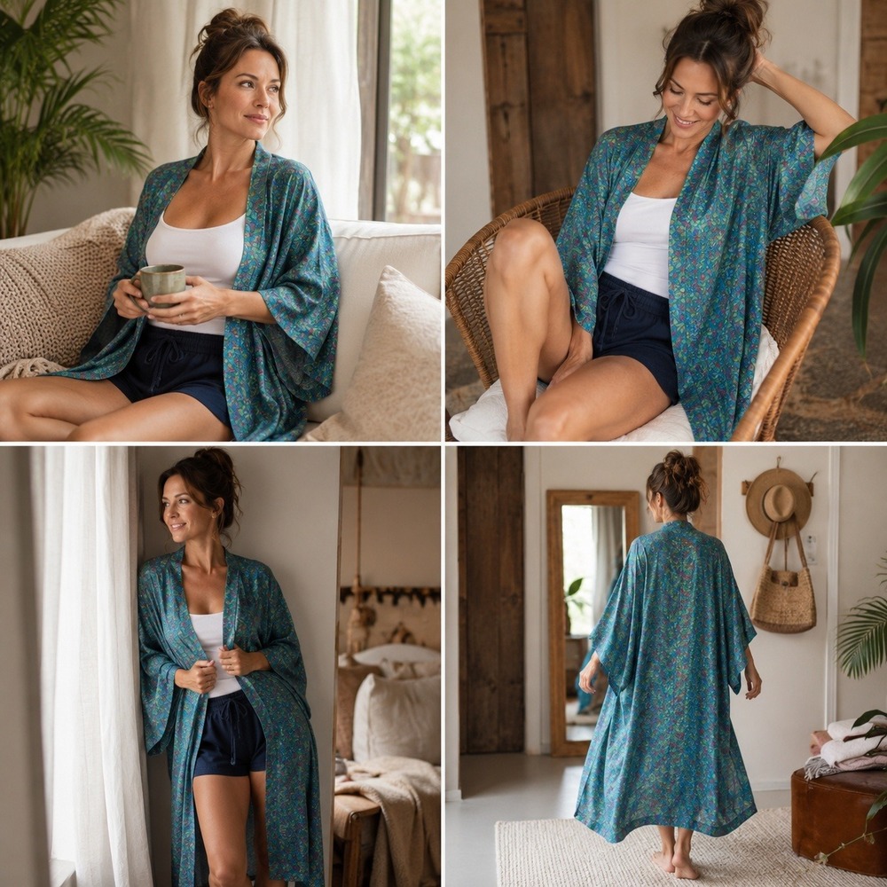 Queen Anne's Lace Eileen West Silk Robe Large Teal Berry Print Vintage USA Made